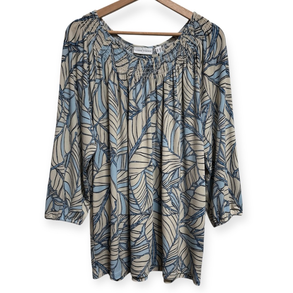 Susan Graver 3/4 Sleeves Smocked Neck Palm Print Liquid Knit Top